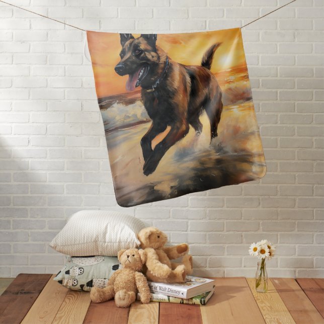 Sandy Paws Belgian Malinois Dog on Beach Sunset  Baby Blanket (In Situ)
