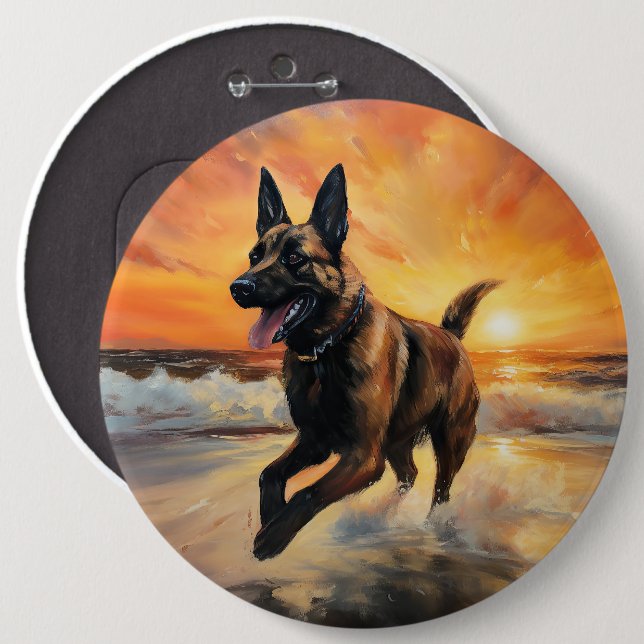 Sandy Paws Belgian Malinois Dog on Beach Sunset  Button (Front & Back)