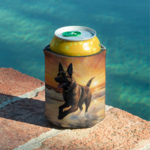 Sandy Paws Belgian Malinois Dog on Beach Sunset Can Cooler