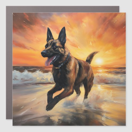Sandy Paws Belgian Malinois Dog on Beach Sunset  Car Magnet