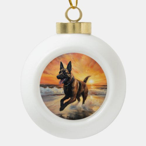 Sandy Paws Belgian Malinois Dog on Beach Sunset  Ceramic Ball Christmas Ornament