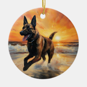 Sandy Paws Belgian Malinois Dog on Beach Sunset Ceramic Ornament