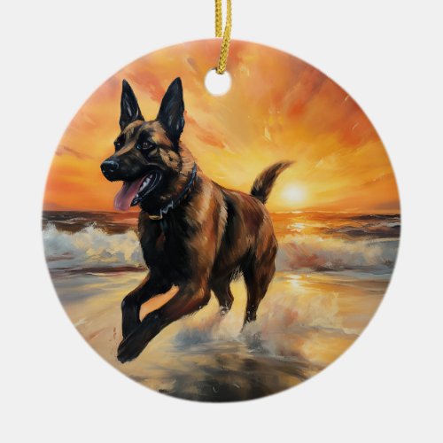 Sandy Paws Belgian Malinois Dog on Beach Sunset  Ceramic Ornament