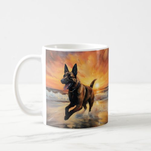 Sandy Paws Belgian Malinois Dog on Beach Sunset  Coffee Mug