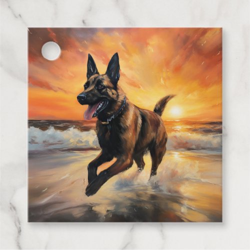 Sandy Paws Belgian Malinois Dog on Beach Sunset  Favor Tags