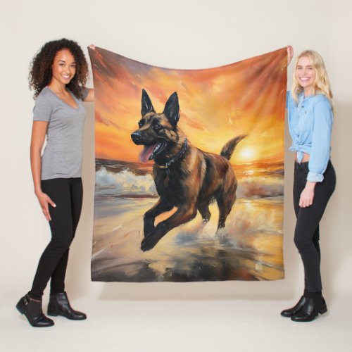 Sandy Paws Belgian Malinois Dog on Beach Sunset  Fleece Blanket