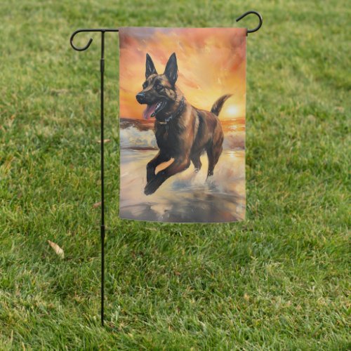 Sandy Paws Belgian Malinois Dog on Beach Sunset  Garden Flag