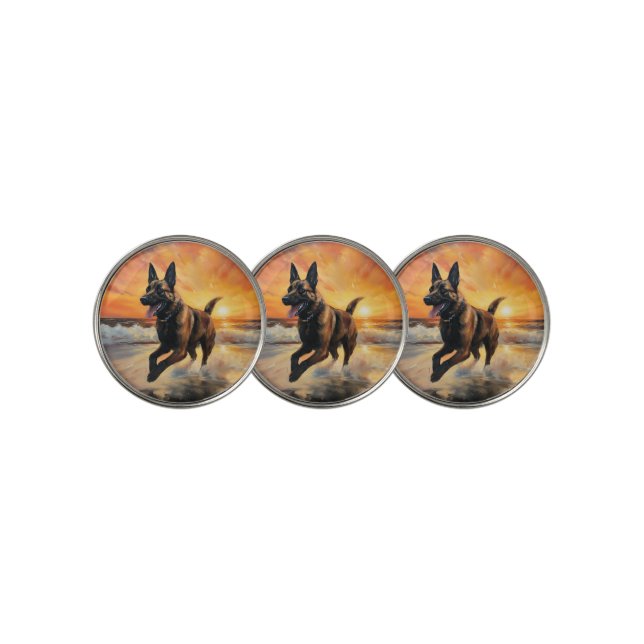 Sandy Paws Belgian Malinois Dog on Beach Sunset  Golf Ball Marker (3 Up)