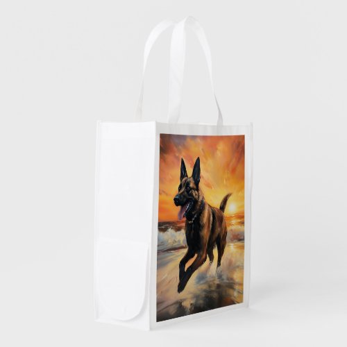 Sandy Paws Belgian Malinois Dog on Beach Sunset  Grocery Bag