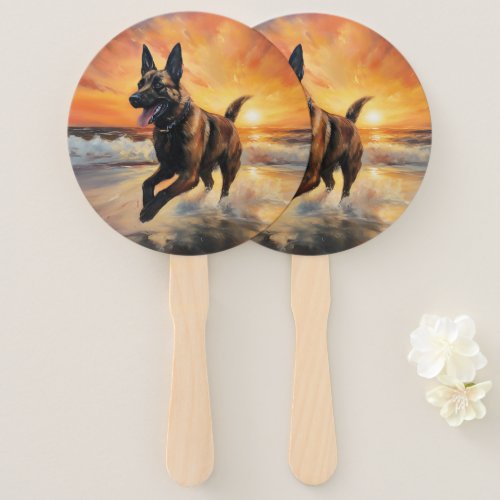 Sandy Paws Belgian Malinois Dog on Beach Sunset  Hand Fan