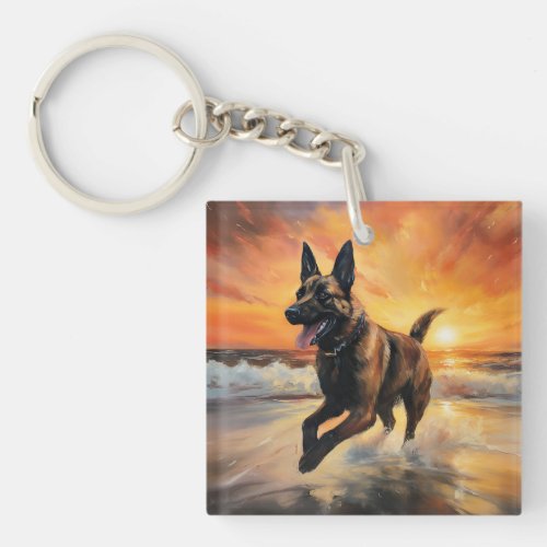 Sandy Paws Belgian Malinois Dog on Beach Sunset  Keychain