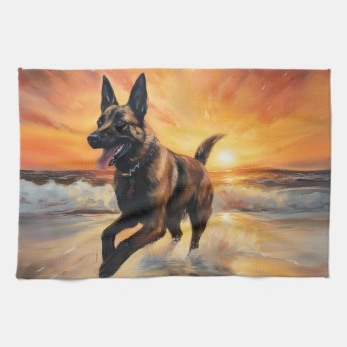 Sandy Paws Belgian Malinois Dog on Beach Sunset  Kitchen Towel