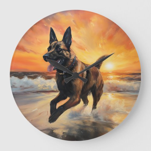 Sandy Paws Belgian Malinois Dog on Beach Sunset  Large Clock