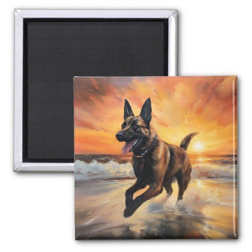 Sandy Paws Belgian Malinois Dog on Beach Sunset  Magnet