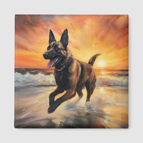 Sandy Paws Belgian Malinois Dog on Beach Sunset  Magnet