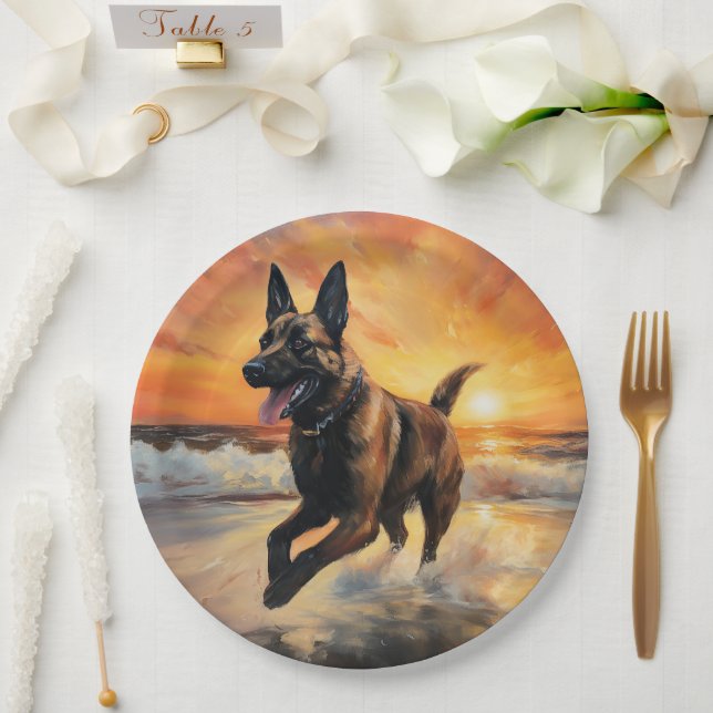 Sandy Paws Belgian Malinois Dog on Beach Sunset  Paper Plates (Wedding)