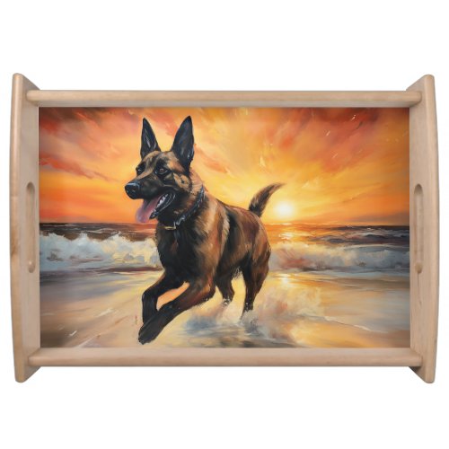 Sandy Paws Belgian Malinois Dog on Beach Sunset  Serving Tray