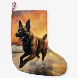 Sandy Paws Belgian Malinois Dog on Beach Sunset Small Christmas Stocking