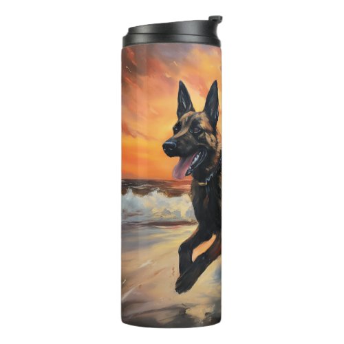 Sandy Paws Belgian Malinois Dog on Beach Sunset  Thermal Tumbler