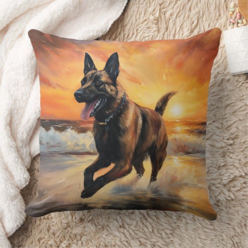 Sandy Paws Belgian Malinois Dog on Beach Sunset  Throw Pillow