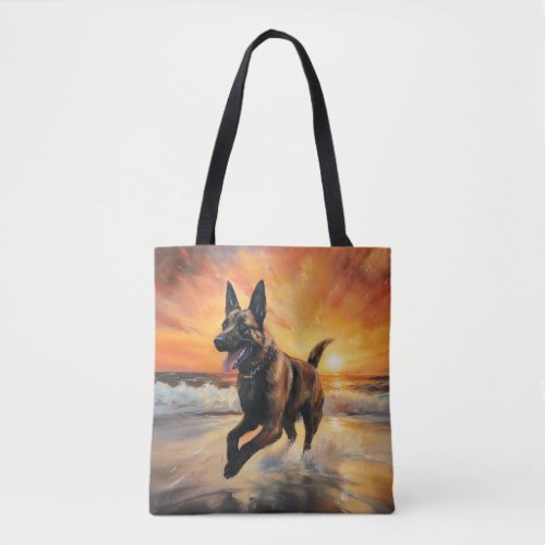 Sandy Paws Belgian Malinois Dog on Beach Sunset  Tote Bag
