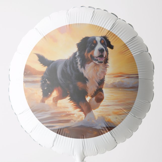 Sandy Paws Bernese Mountain Dog on Beach Sunset  Balloon (Front)