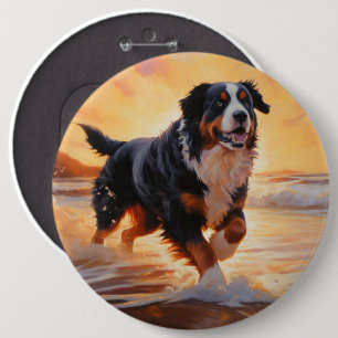 Sandy Paws Bernese Mountain Dog on Beach Sunset  Button