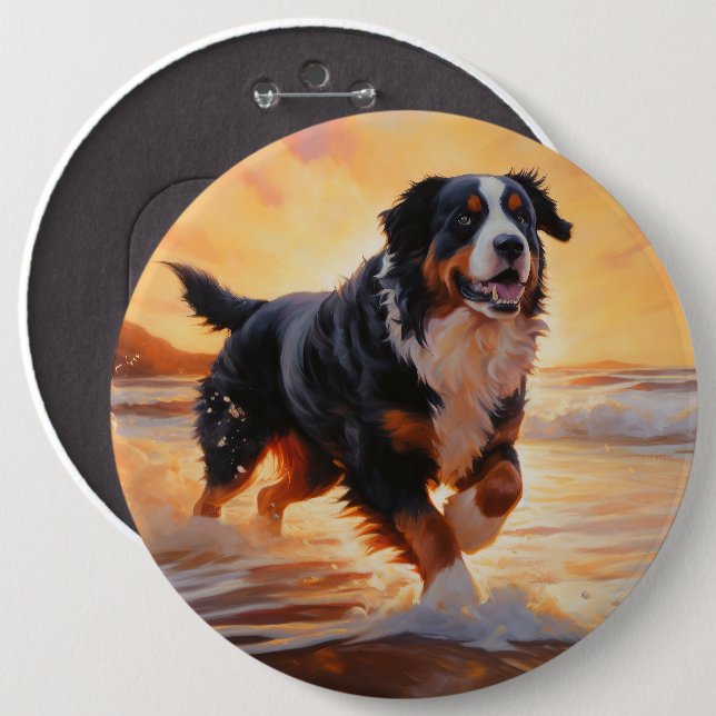 Sandy Paws Bernese Mountain Dog on Beach Sunset  Button (Front & Back)