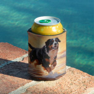 Sandy Paws Bernese Mountain Dog on Beach Sunset Can Cooler