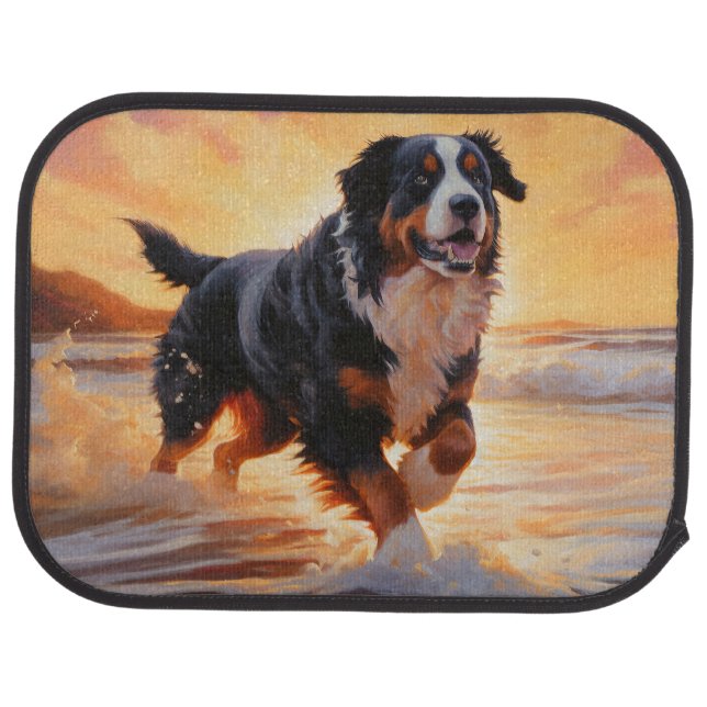 Sandy Paws Bernese Mountain Dog on Beach Sunset  Car Floor Mat (Rear)