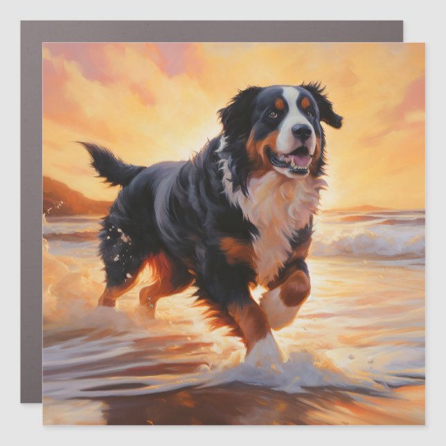 Sandy Paws Bernese Mountain Dog on Beach Sunset  Car Magnet (Front)