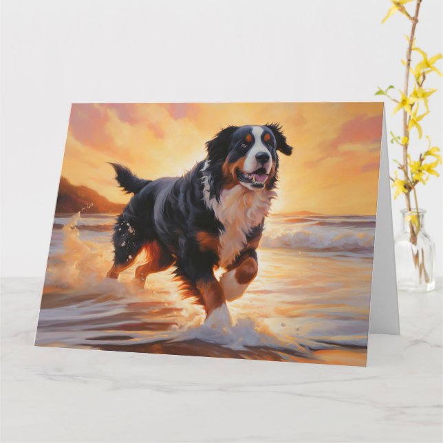 Sandy Paws Bernese Mountain Dog on Beach Sunset  Card (Yellow Flower)