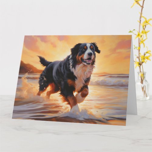Sandy Paws Bernese Mountain Dog on Beach Sunset  Card