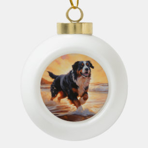 Sandy Paws Bernese Mountain Dog on Beach Sunset  Ceramic Ball Christmas Ornament