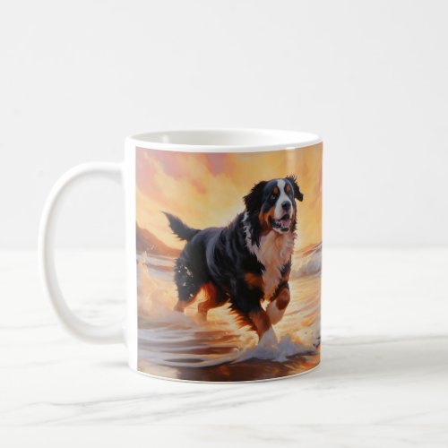 Sandy Paws Bernese Mountain Dog on Beach Sunset  Coffee Mug