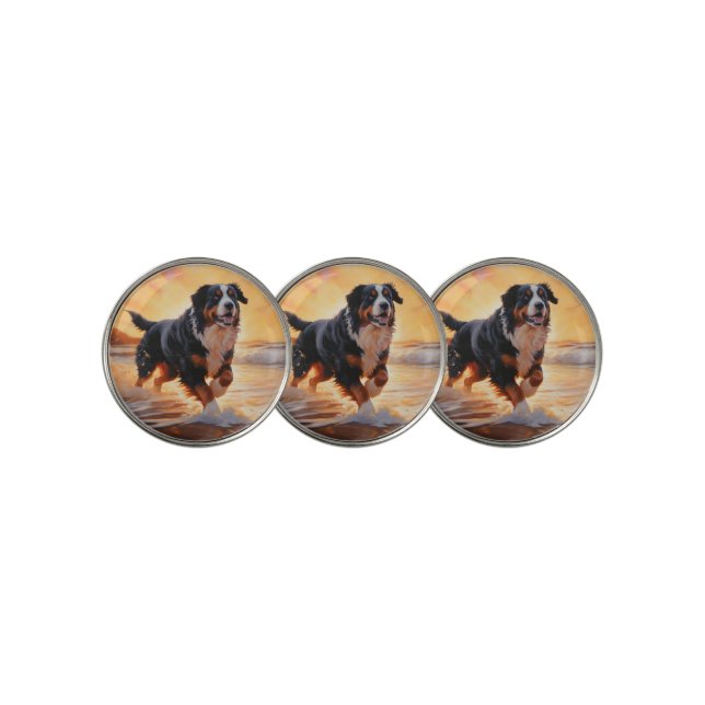 Sandy Paws Bernese Mountain Dog on Beach Sunset  Golf Ball Marker (3 Up)