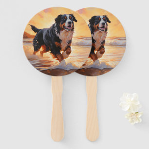 Sandy Paws Bernese Mountain Dog on Beach Sunset Hand Fan