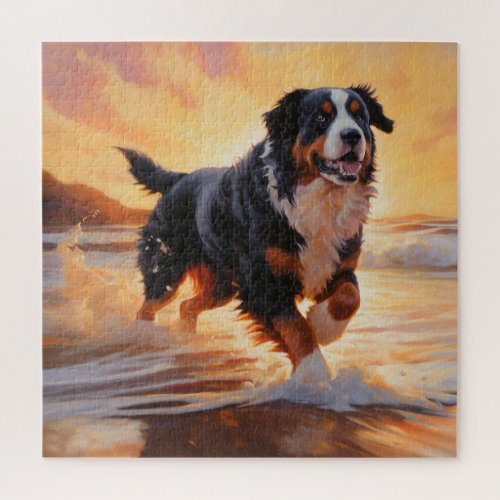 Sandy Paws Bernese Mountain Dog on Beach Sunset  Jigsaw Puzzle