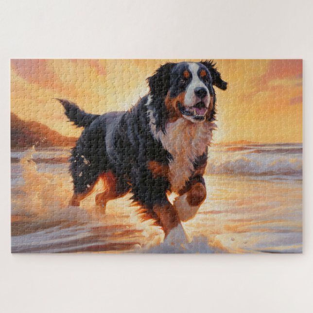 Sandy Paws Bernese Mountain Dog on Beach Sunset  Jigsaw Puzzle (Horizontal)