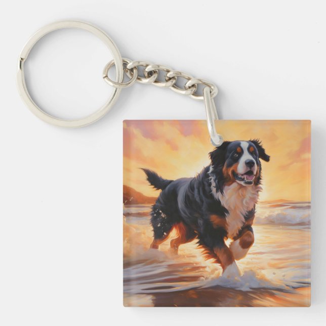 Sandy Paws Bernese Mountain Dog on Beach Sunset  Keychain (Front)