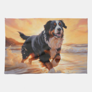 Sandy Paws Bernese Mountain Dog on Beach Sunset Kitchen Towel