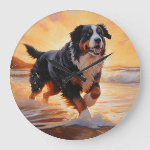 Sandy Paws Bernese Mountain Dog on Beach Sunset Large Clock