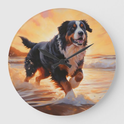 Sandy Paws Bernese Mountain Dog on Beach Sunset  Large Clock