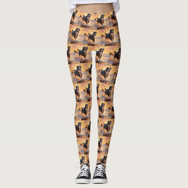Sandy Paws Bernese Mountain Dog on Beach Sunset  Leggings (Front)