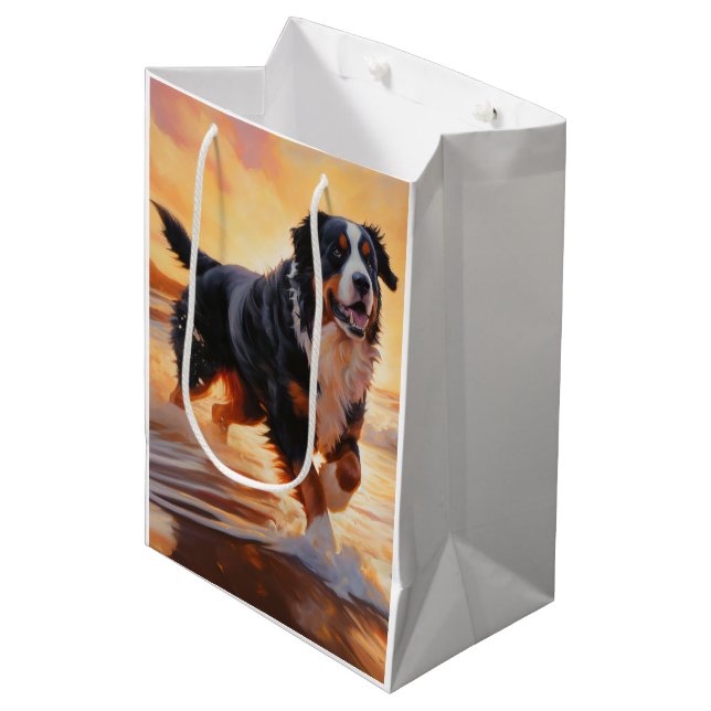 Sandy Paws Bernese Mountain Dog on Beach Sunset  Medium Gift Bag (Front Angled)