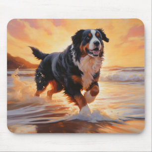 Sandy Paws Bernese Mountain Dog on Beach Sunset Mouse Pad