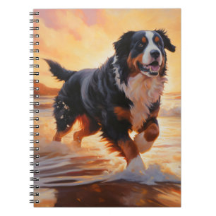 Sandy Paws Bernese Mountain Dog on Beach Sunset Notebook