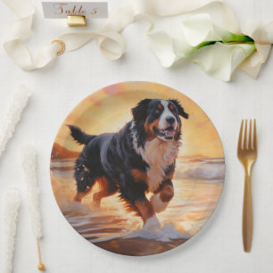 Sandy Paws Bernese Mountain Dog on Beach Sunset Paper Plates