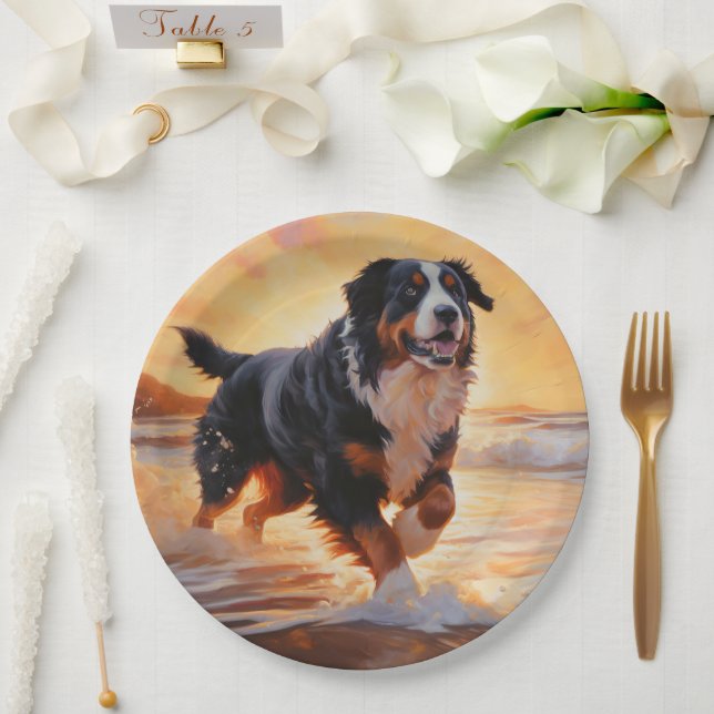 Sandy Paws Bernese Mountain Dog on Beach Sunset  Paper Plates (Wedding)