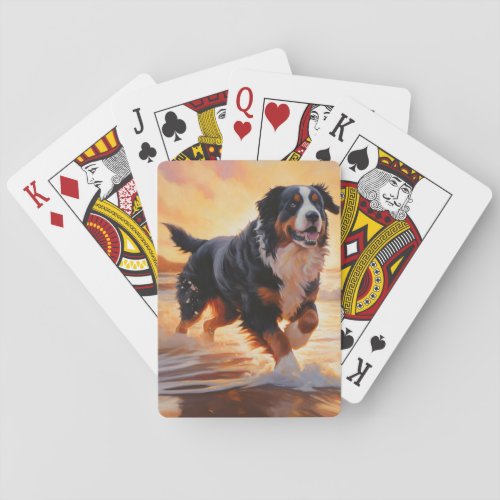 Sandy Paws Bernese Mountain Dog on Beach Sunset  Poker Cards